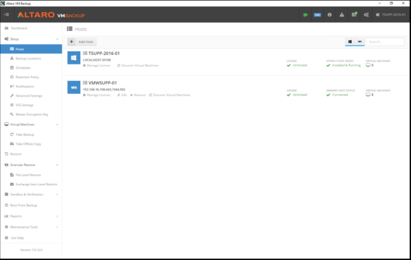 Altaro VM Backup Screenshot - Hosts