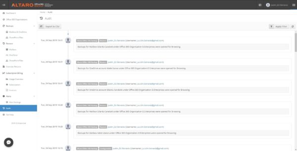 Altaro Office 365 Backup - Audit