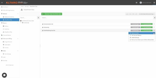 Altaro Office 365 Backup - Manage SharePoint